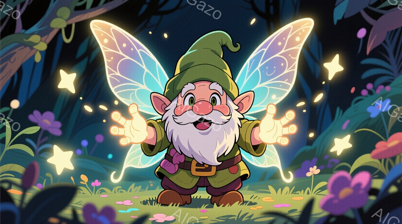 小柄な妖精のような男性が描かれており、緑色の帽子と茶色の服を着ています。彼は両手を広げ、指先から輝く光を放っており、楽しそうな表情をしています。背景には、紫やピンクの花々が咲き乱れ、星が輝く幻想的な森 - AI生成フリー素材