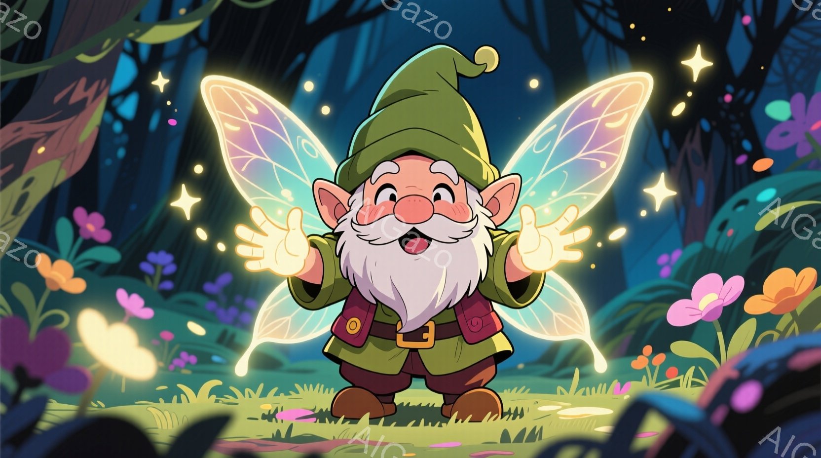 小柄な妖精のような姿の男性が描かれています。緑色の帽子と茶色の服を着ており、顔には赤みが差し、楽しそうな笑顔を浮かべています。背景は緑豊かな森で、様々な色の花が咲き乱れ、幻想的な光が散りばめられ、神秘 - AI生成フリー素材