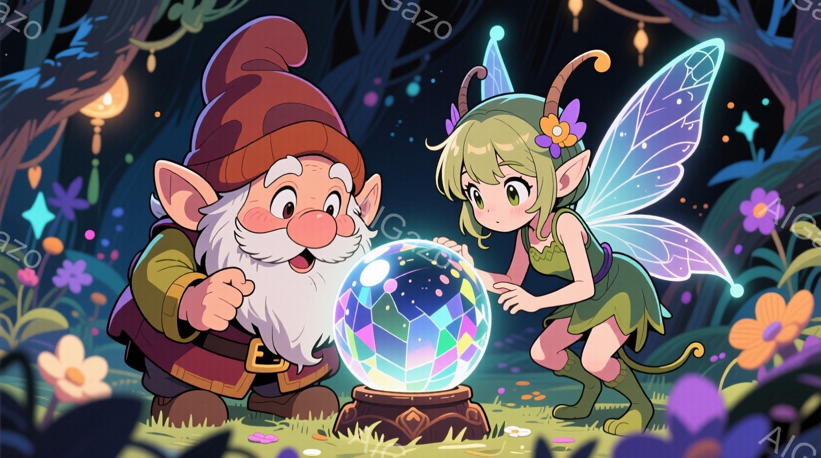 長い白いひげを持つ小柄な男と、緑色の髪と羽を持つ小さな妖精が、光り輝く水晶玉を覗き込んでいます。男は赤い帽子と茶色の服を着ており、驚いたような表情で水晶玉を指しています。背景には色とりどりの花々が咲き乱れ、夜空には星が輝き、幻想的な雰囲気です。