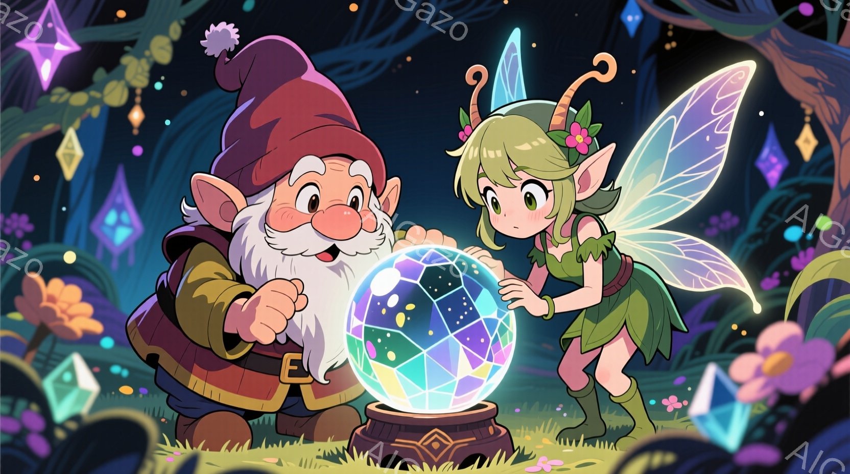 緑豊かな背景の中で、ひげを生やした小柄な男性と妖精のような少女が、光る水晶玉を見つめている。男性は赤い帽子と茶色の服を着ており、笑顔で水晶玉を指し示している。少女は緑色の髪と羽を持ち、水晶玉に手を添え、少し照れた表情をしている。