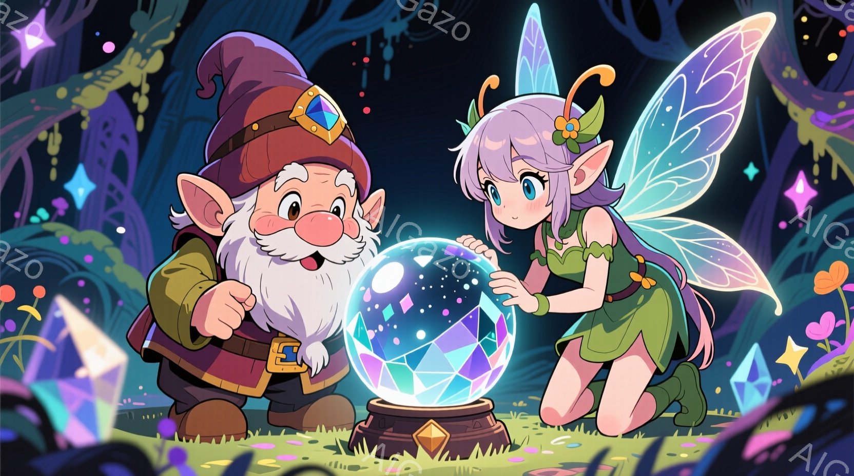 小柄な男と妖精が、光り輝く水晶玉を前にひざまずいています。男は赤い帽子と緑色の服を着ていて、顔には陽気な笑みが浮かんでいます。背景には紫色の光を放つキノコや草が生い茂り、幻想的で神秘的な雰囲気を醸し出 - AI生成フリー素材