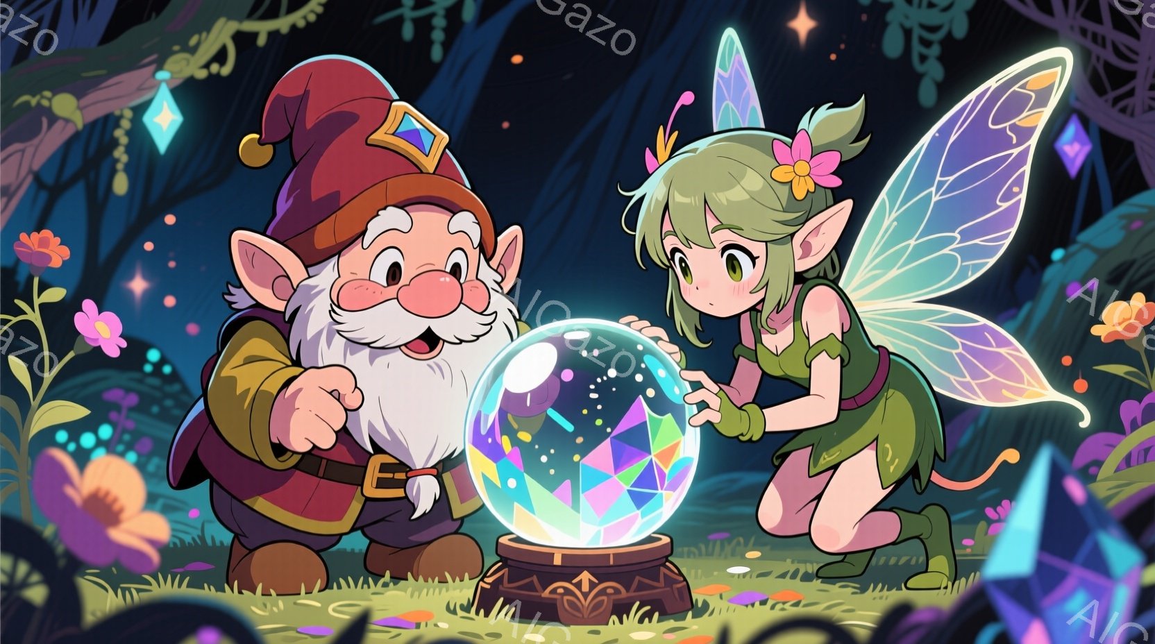 緑の背景の中でクリスタルボールを見つめる老いた妖精と若い妖精が描かれています。老いた妖精は赤い帽子と緑色の服を着ており、長い白いひげと優しい笑顔をしています。若い妖精は緑色のドレスと透明な羽を持ち、クリスタルボールに興味津々で身を乗り出しています。