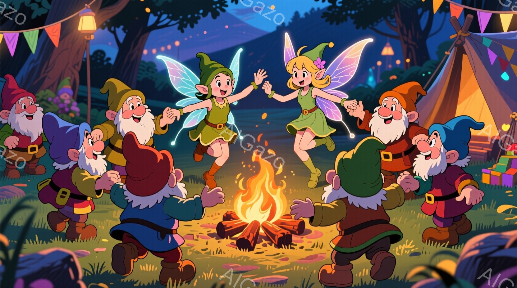 小さな妖精がキャンプファイヤーの周りで踊っており、彼女を取り囲むように7人の小人が笑顔で手を挙げながら立っています。小人は皆、赤、青、黄色などの異なる色の帽子とジャケットを着ており、腰にはベルトを締めています。背景にはテントやカラフルな旗、そして暗い森が広がり、暖かくお祝いの雰囲気が漂っています。