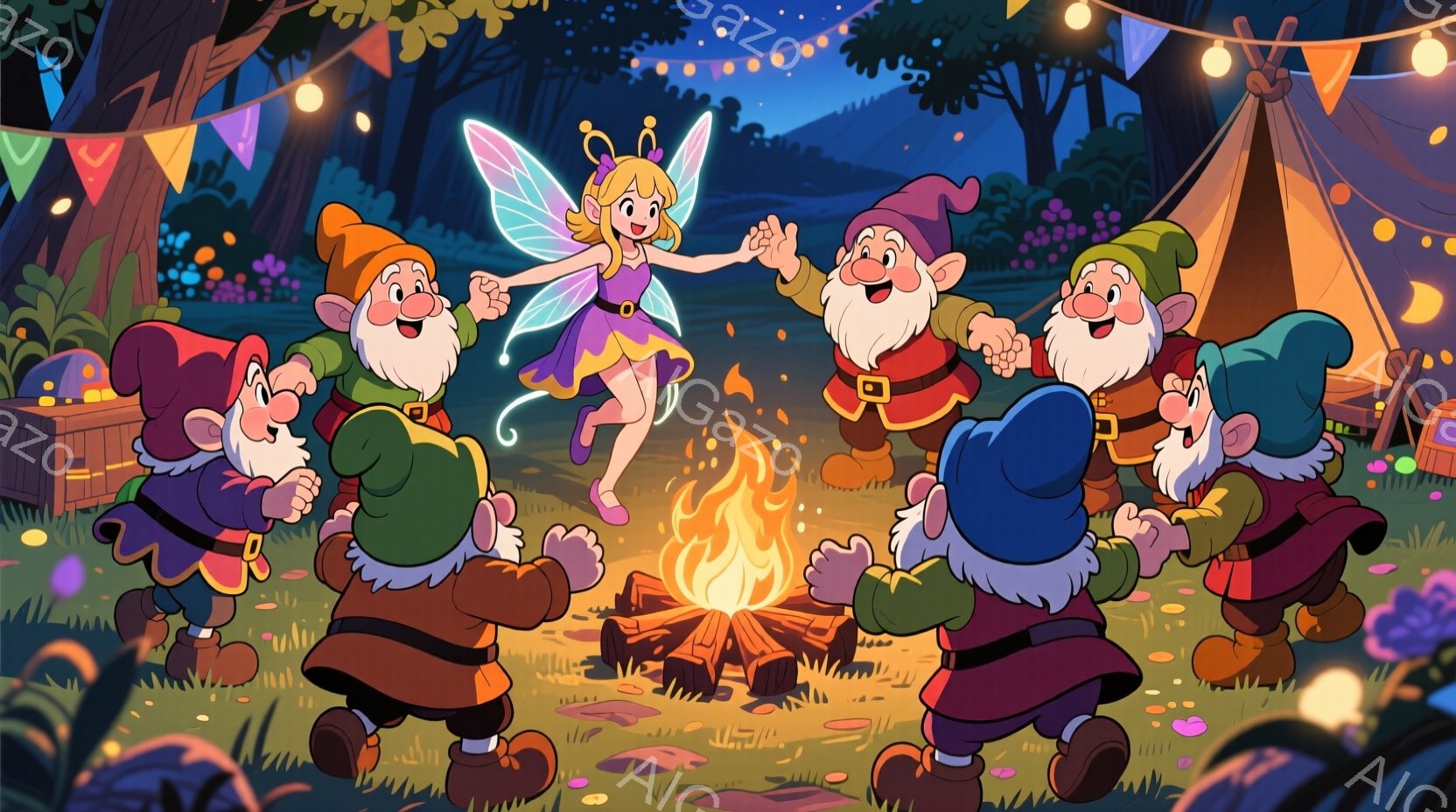 ７人の小人が輪になって踊っており、中央には妖精が舞い上がっている。小人は皆赤いズボンに緑や青のトップス、頭には尖った帽子をかぶっており、笑顔を浮かべている。背景には暖炉、テント、そして夜の森が広がり、可愛らしく幻想的な雰囲気を作り出している。
