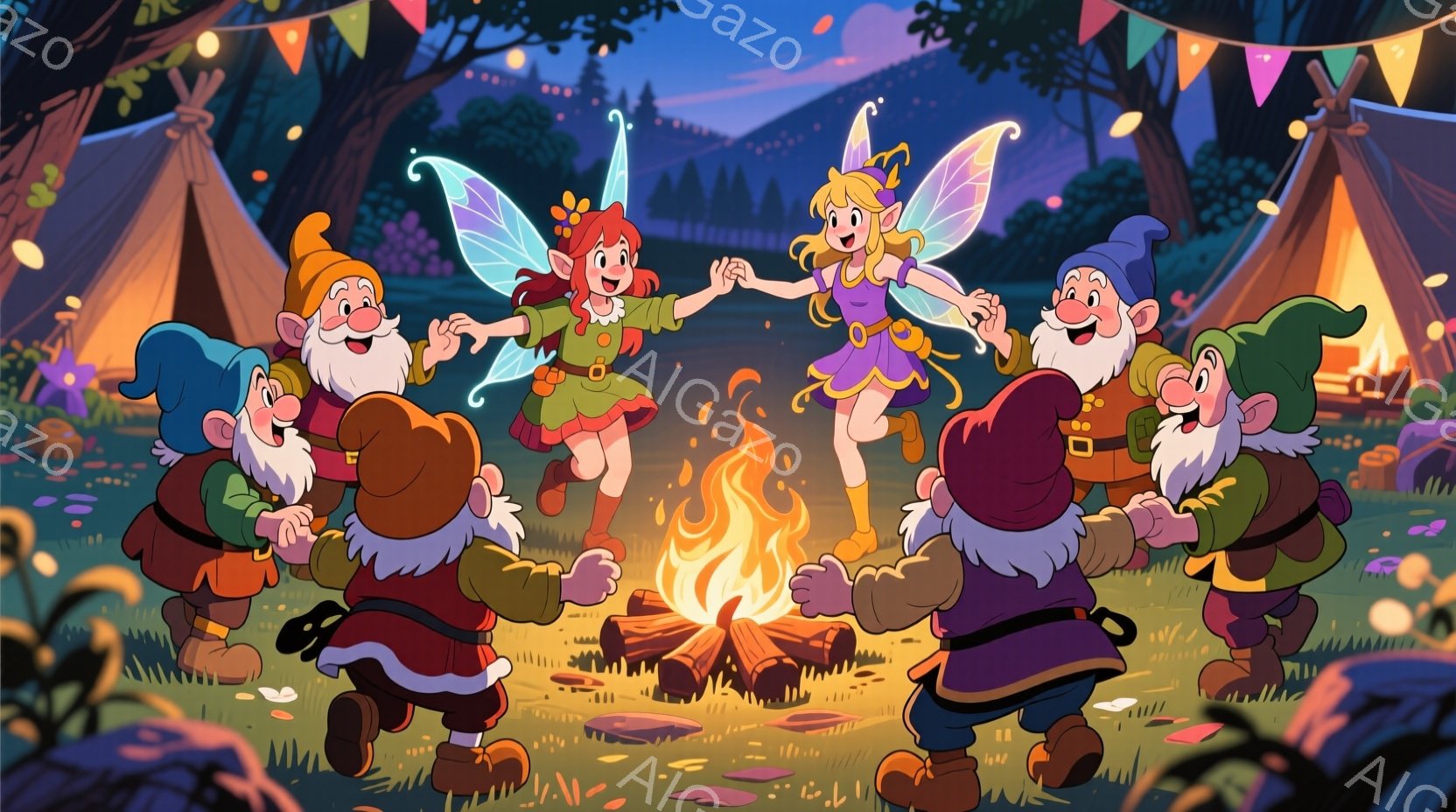 このイラストは「フェアリー」と「小さな魔法使いの集団（妖精たち）」を描き、友好的で楽しい雰囲気があります。主要なフェアリーは互いに手をつなぎ、木の周りで集会しているように見えます。妖精たちは楽しげで、それぞれが特徴的な服装と髪型を持っており、自然の背景や小屋があります。イラストは夜間の外側で起こり、青い空と星が見えるように描かれています。