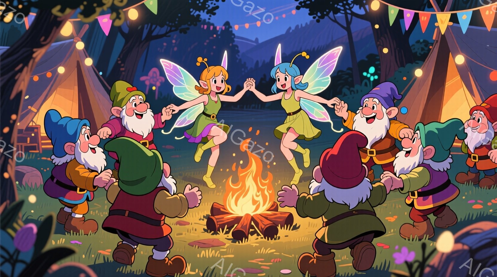 画面には、暖炉の周りを踊る7人の小人たちと2人の妖精が描かれています。小人たちはそれぞれ異なる色の帽子とベストを着ており、楽しそうな笑顔を浮かべています。背景には緑豊かな森林と、カラフルな旗が飾られたテントが見え、陽気で幻想的な雰囲気を醸し出しています。