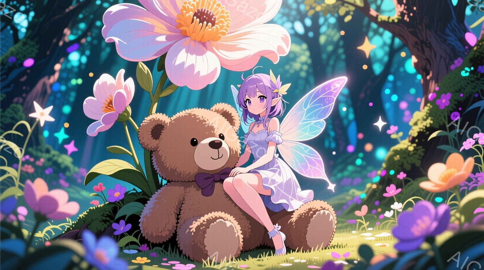 明るい緑の草原に、大きなテディベアと、白い髪に紫色の瞳をした少女が描かれています。少女は、繊細な翼と花柄のドレスを着て、テディベアの隣に座り、優雅な微笑みを浮かべています。背景には色とりどりの花々が咲き乱れ、光が差し込む幻想的な森の雰囲気が漂っています。