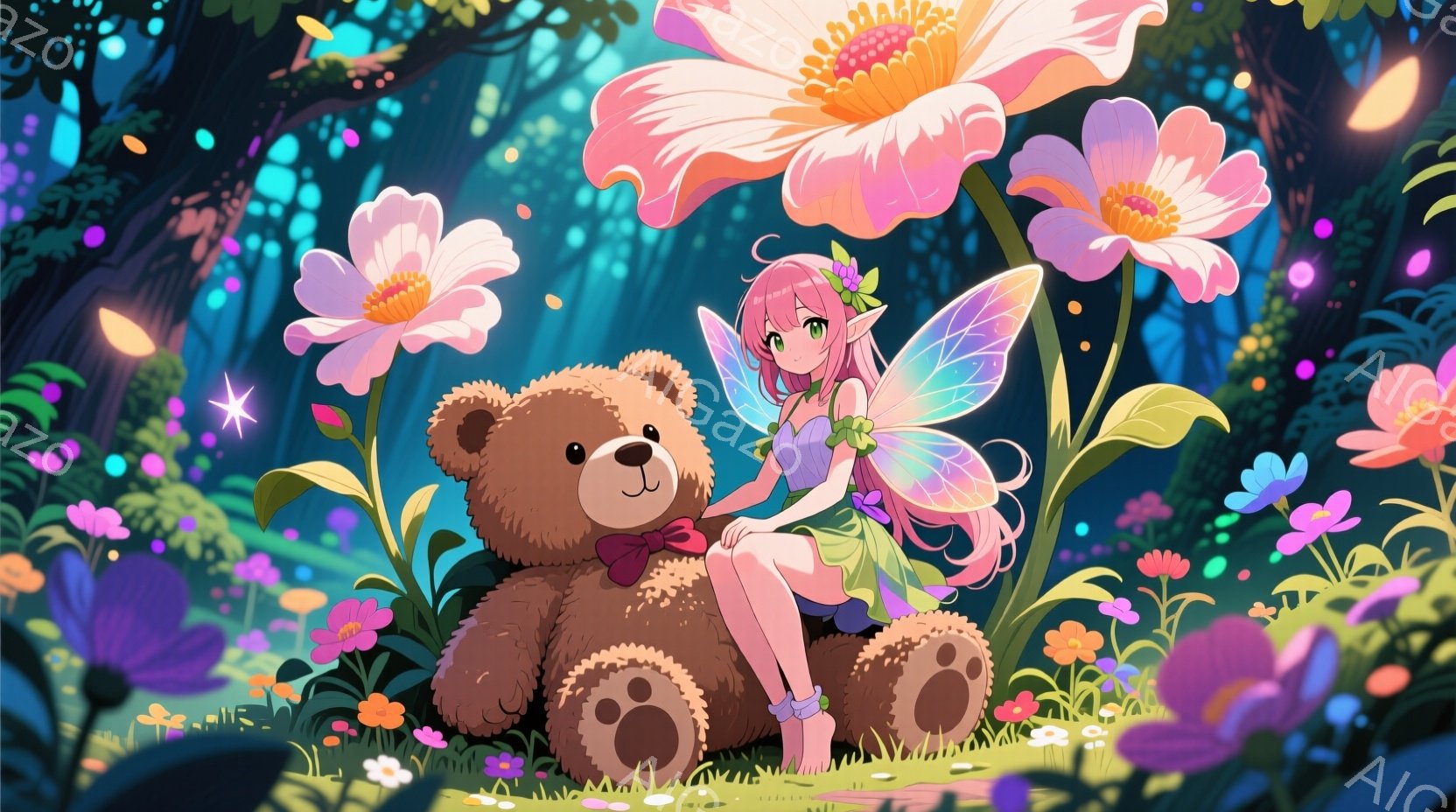 長いピンク色の髪に花飾りをつけた少女が、大きなテディベアに寄りかかって座っています。彼女は薄いピンク色のドレスを着ており、背中には半透明の羽が広がっています。背景には様々な花が咲き乱れ、幻想的で夢のような雰囲気を醸し出しています。