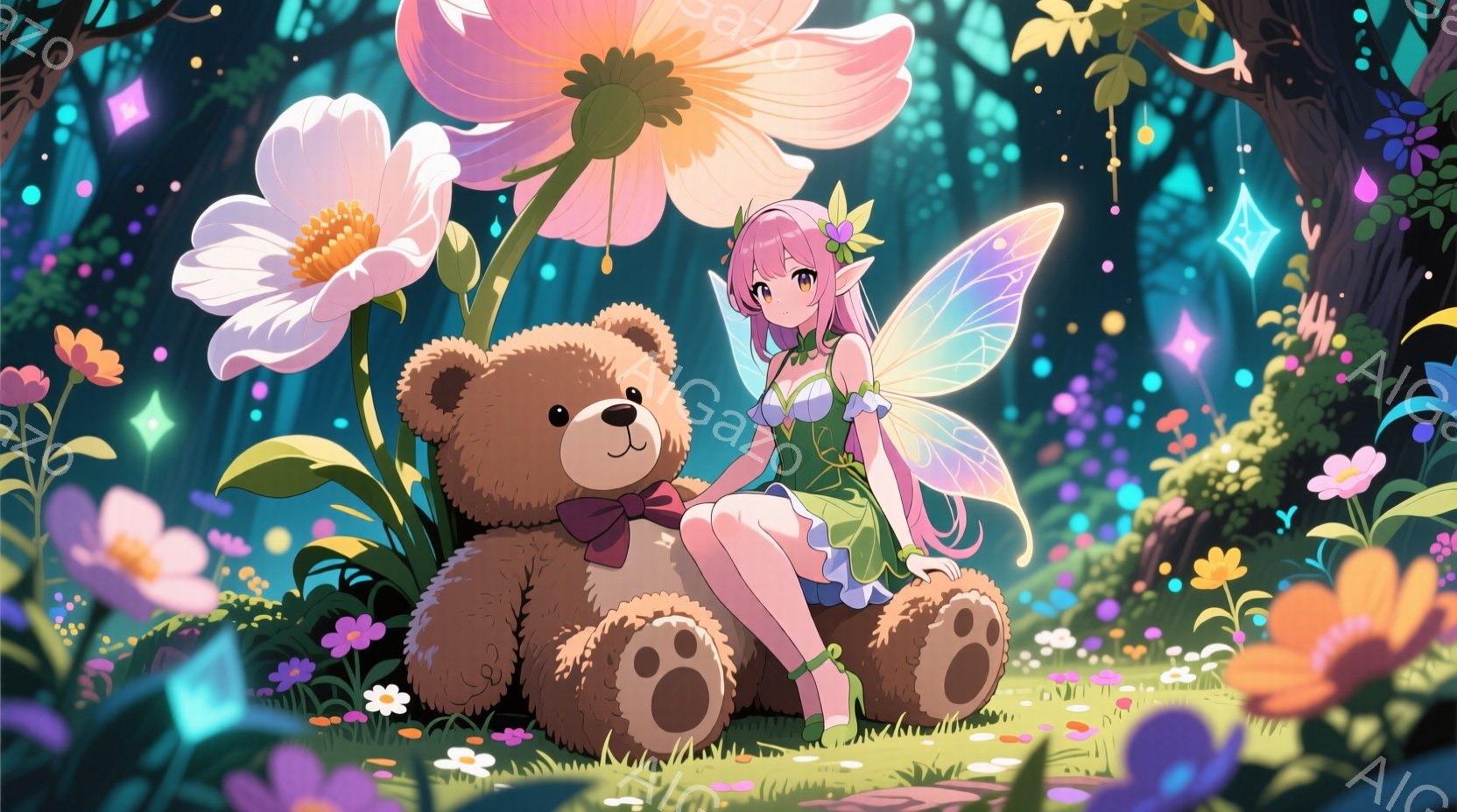 明るい緑の草原に大きなテディベアが座っており、ピンク色の髪と羽を持つ可愛らしい女の子がその上に座っています。彼女は緑色のドレスを着ており、微笑んでおり、周囲には色とりどりの花々が咲き乱れ、幻想的な雰囲気を醸し出しています。背景には木々が生い茂り、小さな光が舞い、まるで魔法のような世界を描写しています。