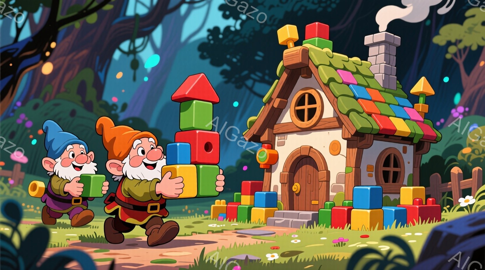 カラフルな積み木を持って走る２人の小人が描かれています。彼らは赤いジャケット、茶色のズボン、尖った帽子をかぶり、楽しそうな表情をしています。背景には、積み木で装飾された可愛らしい家と、緑豊かな自然が広がっており、おとぎ話のような雰囲気です。