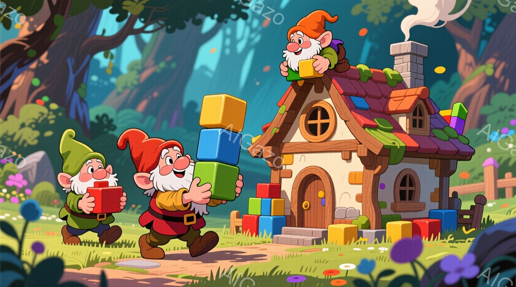 カラフルな積み木を運ぶ二人の小人が描かれています。彼らはそれぞれ緑色と赤色の帽子、茶色の髪、にっこりとした表情で、茶色のベルトで留めたズボンをはいています。背景には、カラフルな積み木で飾られた可愛らしい家があり、緑豊かな自然に囲まれており、明るく陽気な雰囲気が漂っています。