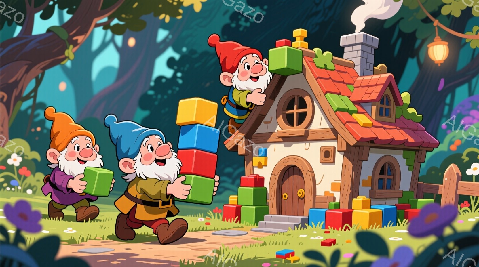 レンガで作られた家と、レンガのブロックを運んでいる３人の小人が描かれています。小人は赤い帽子と緑の服を着ており、笑顔で楽しそうな表情をしています。背景には緑豊かな草地と木々があり、暖かく、遊び心のある - AI生成フリー素材