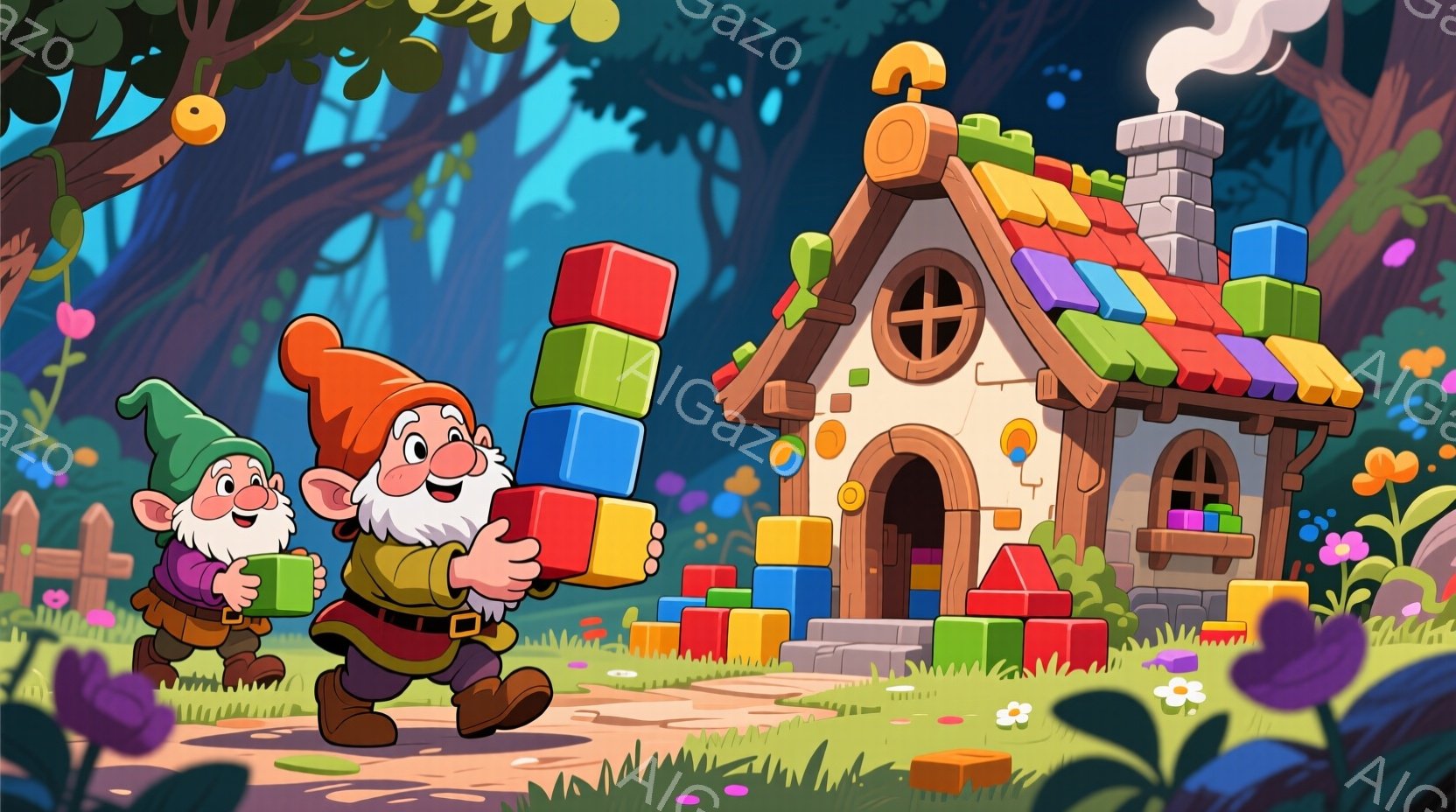 緑の帽子と茶色の服を着た2人の小人が描かれています。彼らはそれぞれカラフルなブロックの塔を抱えて歩いており、楽しそうな表情をしています。背景には、カラフルなブロックで作られた可愛らしい家と、紫や黄色の - AI生成フリー素材