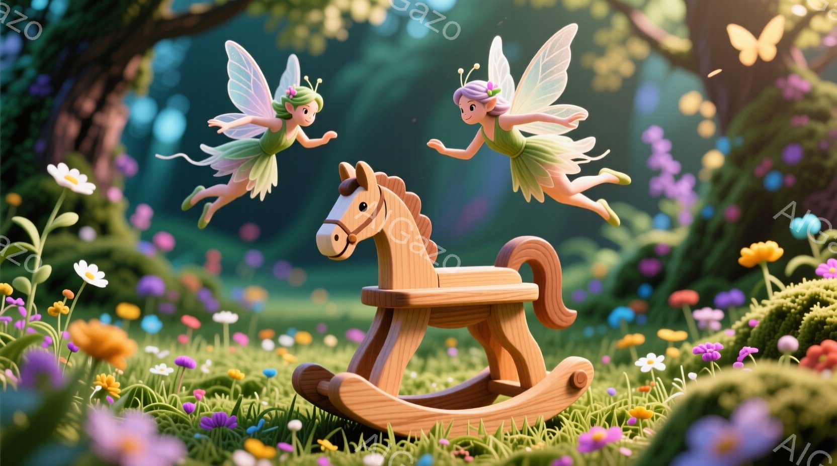緑豊かな草原に木製のロッキングホースが置かれ、その周りを二人の妖精が楽しそうに舞っている様子が描かれている。妖精たちはピンクのドレスを着て、金色の髪を三つ編みにし、笑顔でポーズをとっている。背景には色 - AI生成フリー素材
