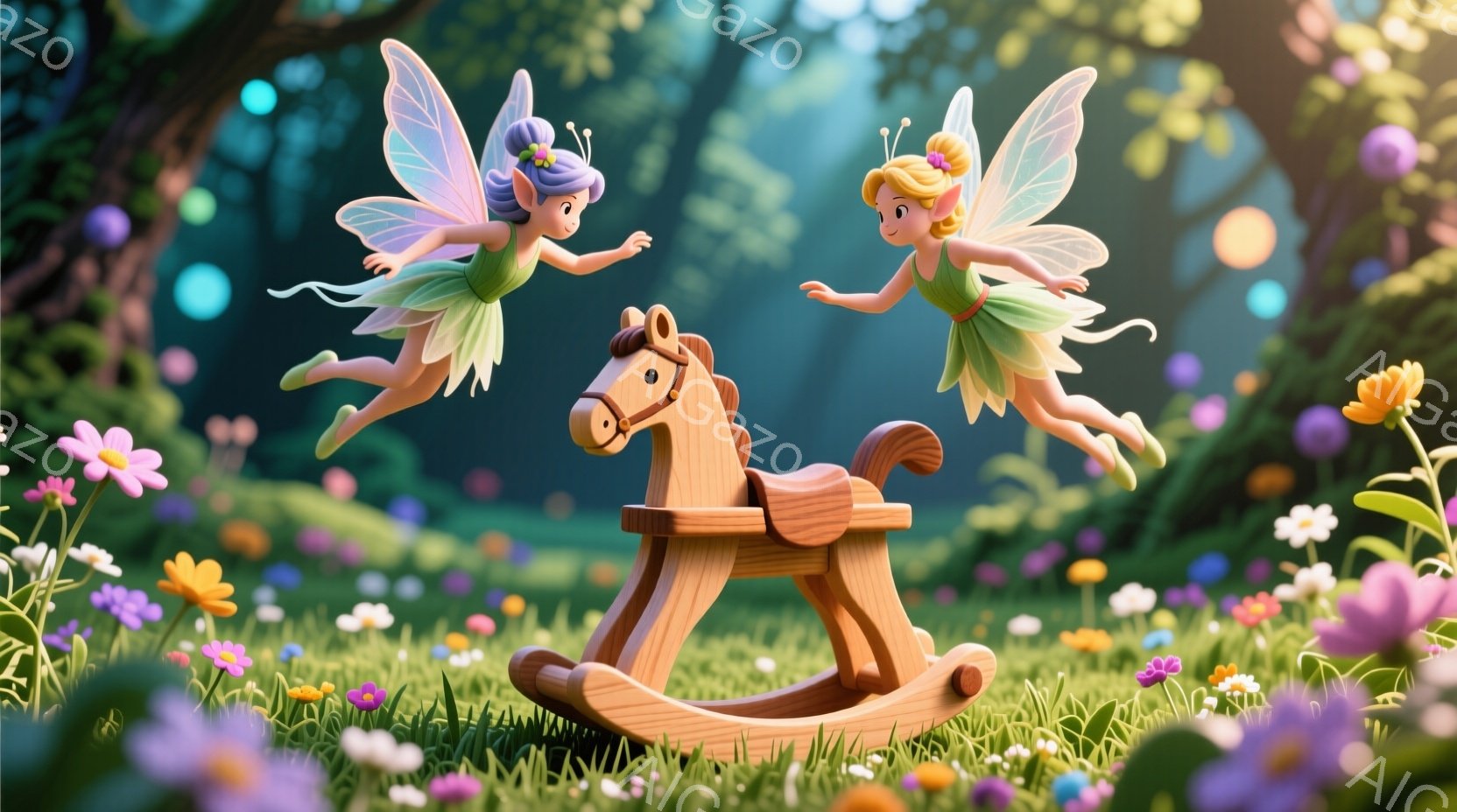 鮮やかな緑の草原に、二人の妖精が舞い上がっています。一人は紫色の髪にピンクのドレス、もう一人は金色の髪に緑色のドレスを身につけ、それぞれ笑顔を浮かべています。背景には木々が生い茂り、カラフルな花々が咲 - AI生成フリー素材