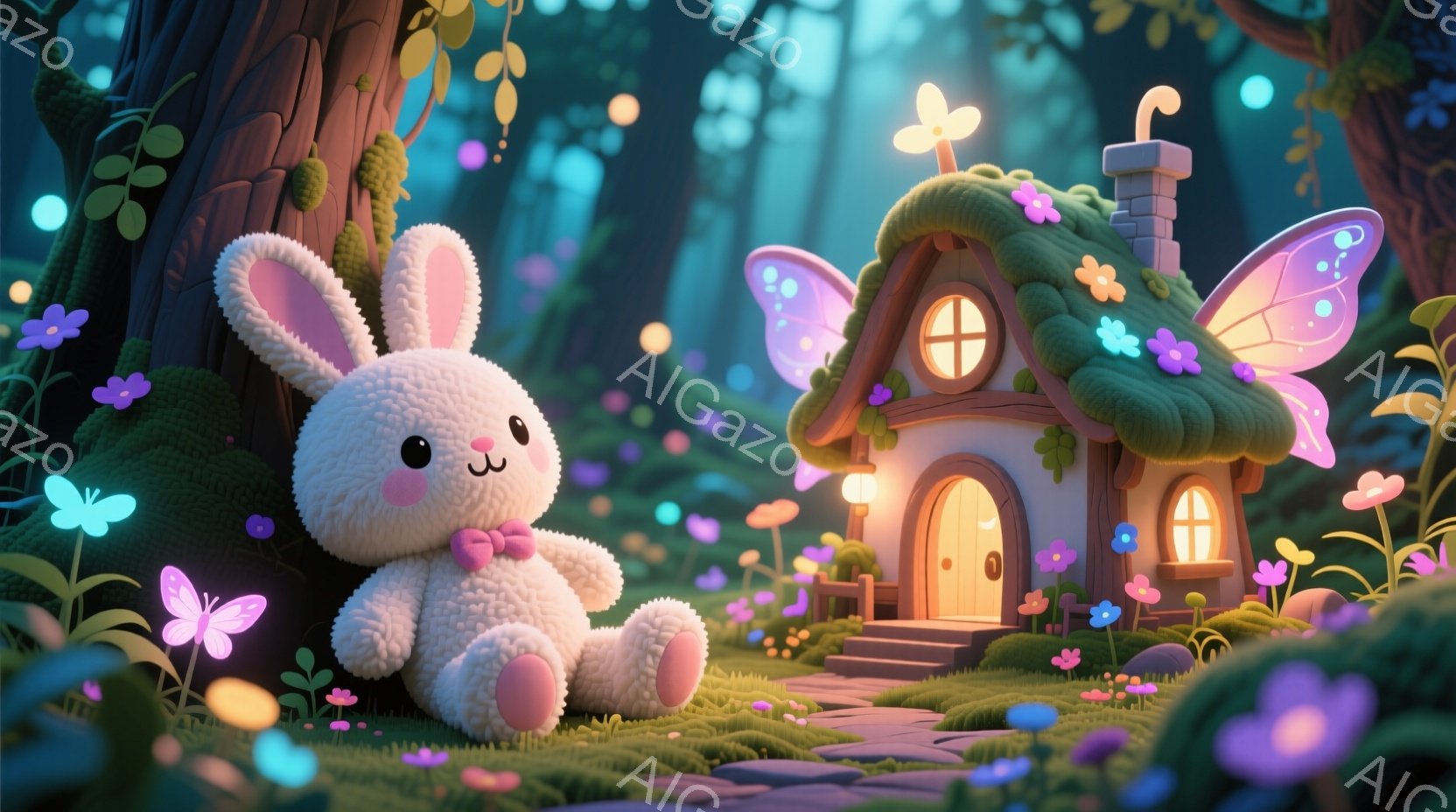 ふわふわの白いウサギが、ピンク色の蝶ネクタイをつけ、緑の芝生の上に座っています。背景には、キノコのような屋根を持つ、かわいらしいコテージと、紫と青色の光る花々が咲き乱れる幻想的な森が広がっています。全体的に、暖かく、夢のような、おとぎ話のような雰囲気です。