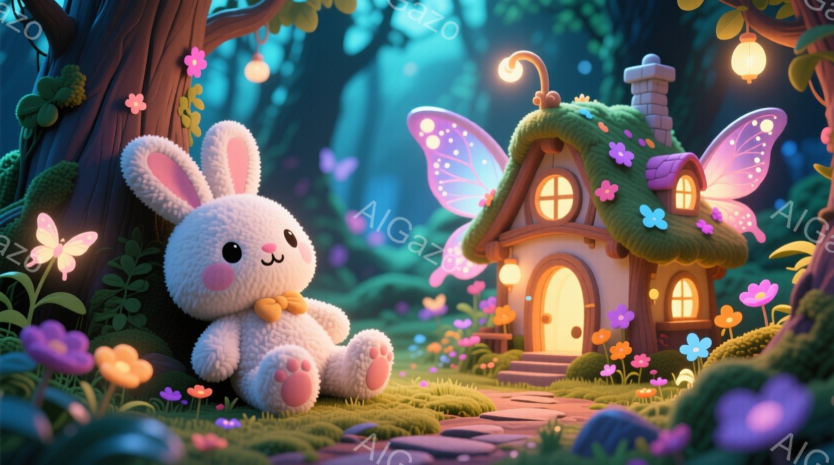 ふわふわの白いウサギが、赤いリボンを付けた可愛らしい姿で座っています。背景には、蝶の羽が付いた、可愛らしい緑の家と、色とりどりの花が咲き乱れる幻想的な森が広がっています。全体的に暖かく、夢のような雰囲気が漂っています。