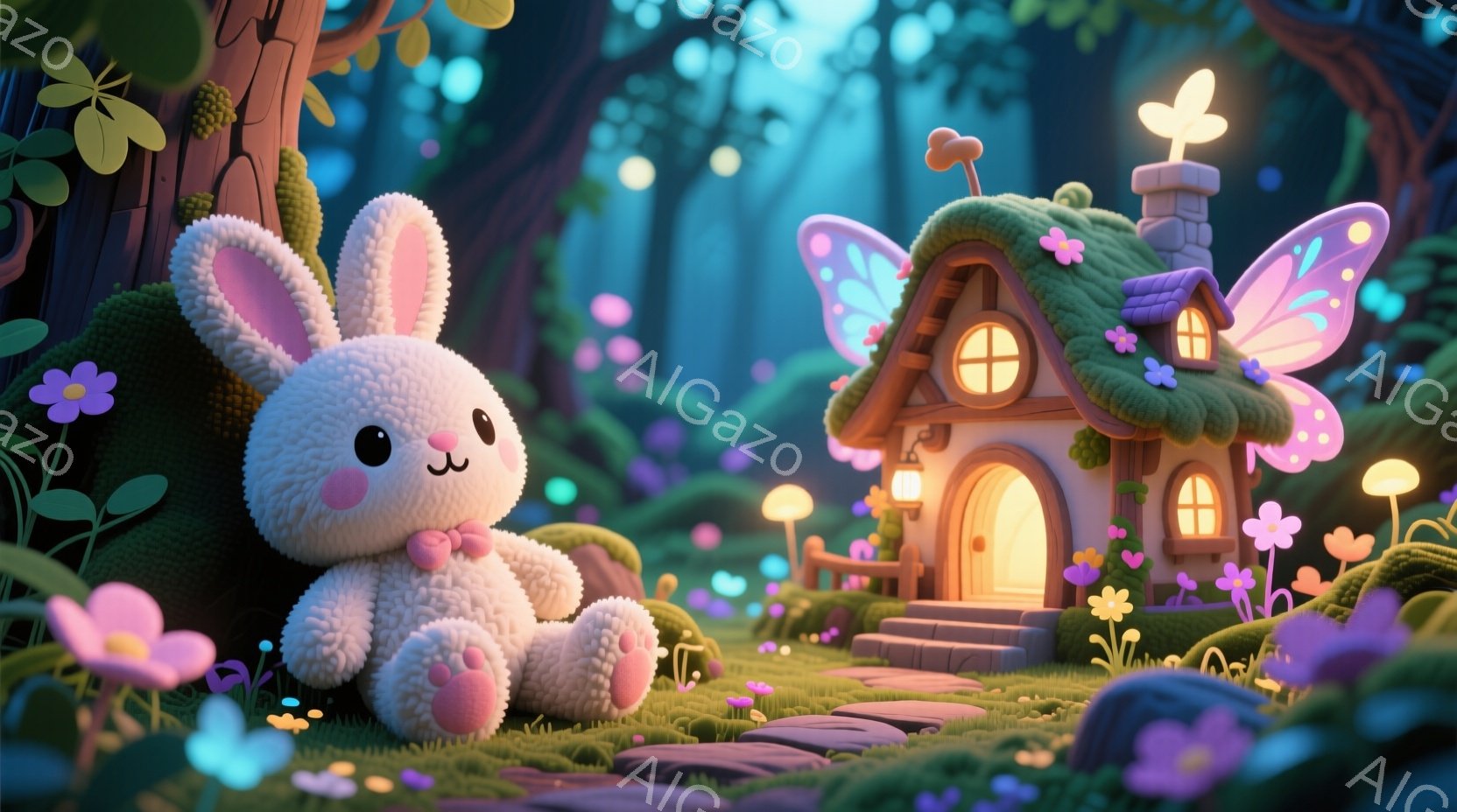 ふわふわの白いウサギのぬいぐるみは、ピンクのリボンをつけて、可愛らしい表情で座っています。背景には、花で飾られた、光り輝くドアと窓を持つ、ファンタジー風の小さな家があり、周囲には紫とピンクのきのこや花 - AI生成フリー素材
