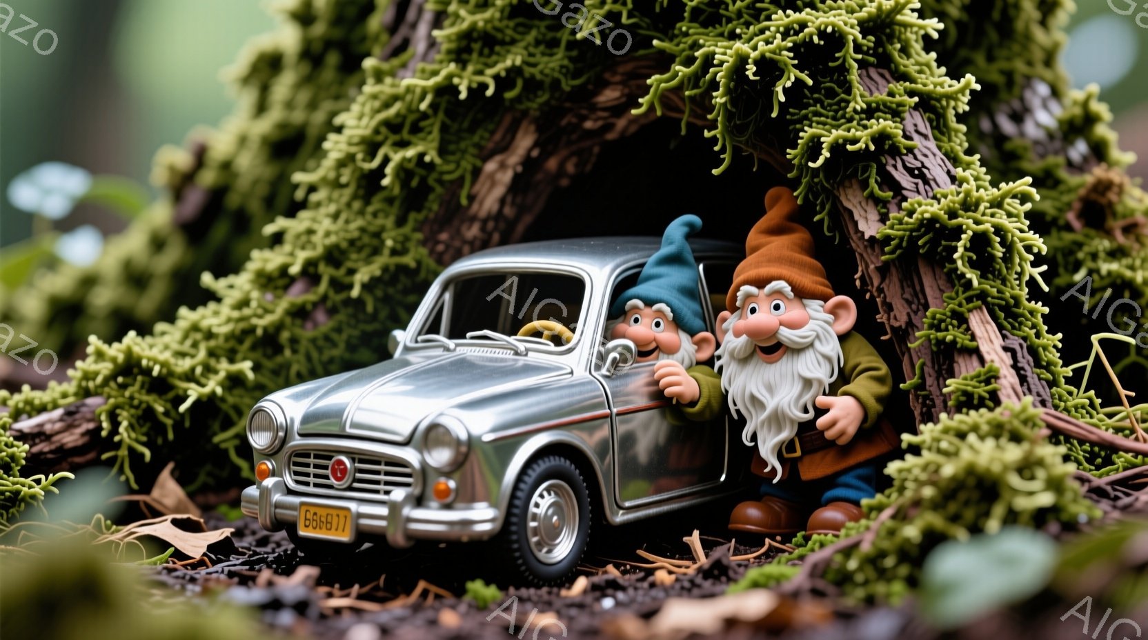 小さな銀色の車の中に、ひげをたくわえた2人の小人が座っています。運転席の小人は赤い帽子をかぶり、真剣な表情でハンドルを握っています。背景には苔むした木と土が見え、ファンタジーのような、落ち着いた雰囲気を醸し出しています。