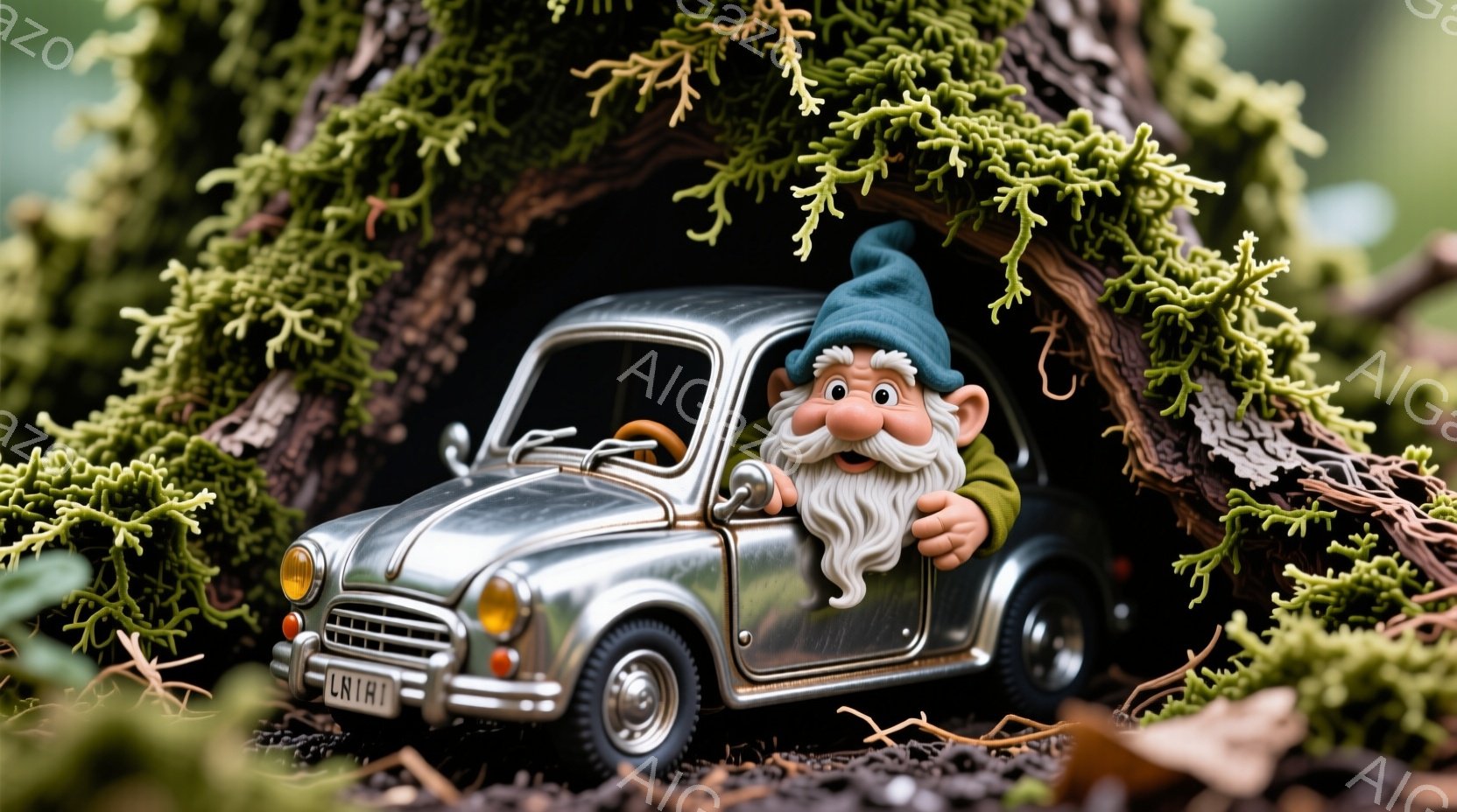 小さな灰色の車に、白いひげを生やした小人が運転している様子が描かれています。緑色の帽子を被り、楽しそうな笑顔を浮かべており、車の運転を楽しんでいるようにも見えます。背景には苔むした木の根があり、自然豊かな、ファンタジックな雰囲気を醸し出しています。