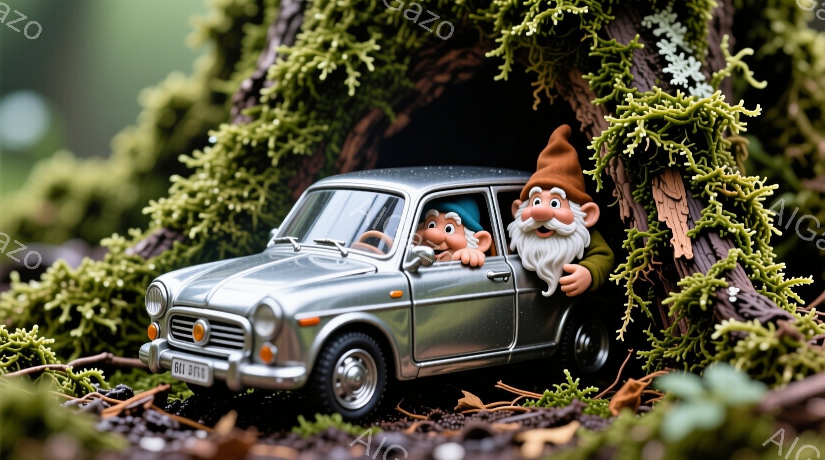 灰色の小さな車に乗った二人の小人が写っています。一人は運転席でハンドルを握り、もう一人は助手席から車外に向けて笑顔を見せています。背景は苔むした木の根と落ち葉で覆われた地面で、まるで童話の世界のような幻想的な雰囲気です。