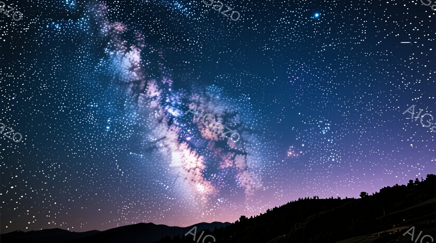 漆黒の空に、壮大な天の川が紫やピンクの色合いで流れ星のように広がっている。地平線には暗いシルエットの山並みが連なり、夜の静寂と宇宙の広大さを強調している。全体的に幻想的で神秘的な雰囲気が漂い、見る者を - AI生成フリー素材