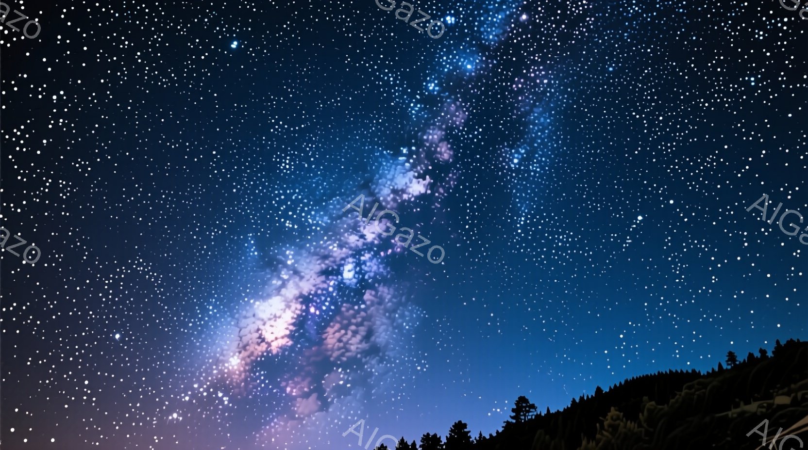 深い青色の夜空に、天の川銀河が鮮やかに広がっている。地平線には暗いシルエットの山並みが確認でき、木々の輪郭が夜空とのコントラストを生み出している。星々は無数に輝き、壮大で神秘的な雰囲気を醸し出している - AI生成フリー素材