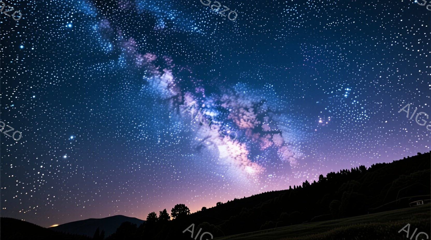 夜空は無数の星と天の川の壮大な光景で満たされており、淡いピンクと紫の色合いが空全体に広がっている。地平線には、暗いシルエットで山並みと小さな建物が見え、夜の静寂と自然の雄大さを強調している。全体的に、静かで神秘的で、畏敬の念を抱かせる雰囲気である。