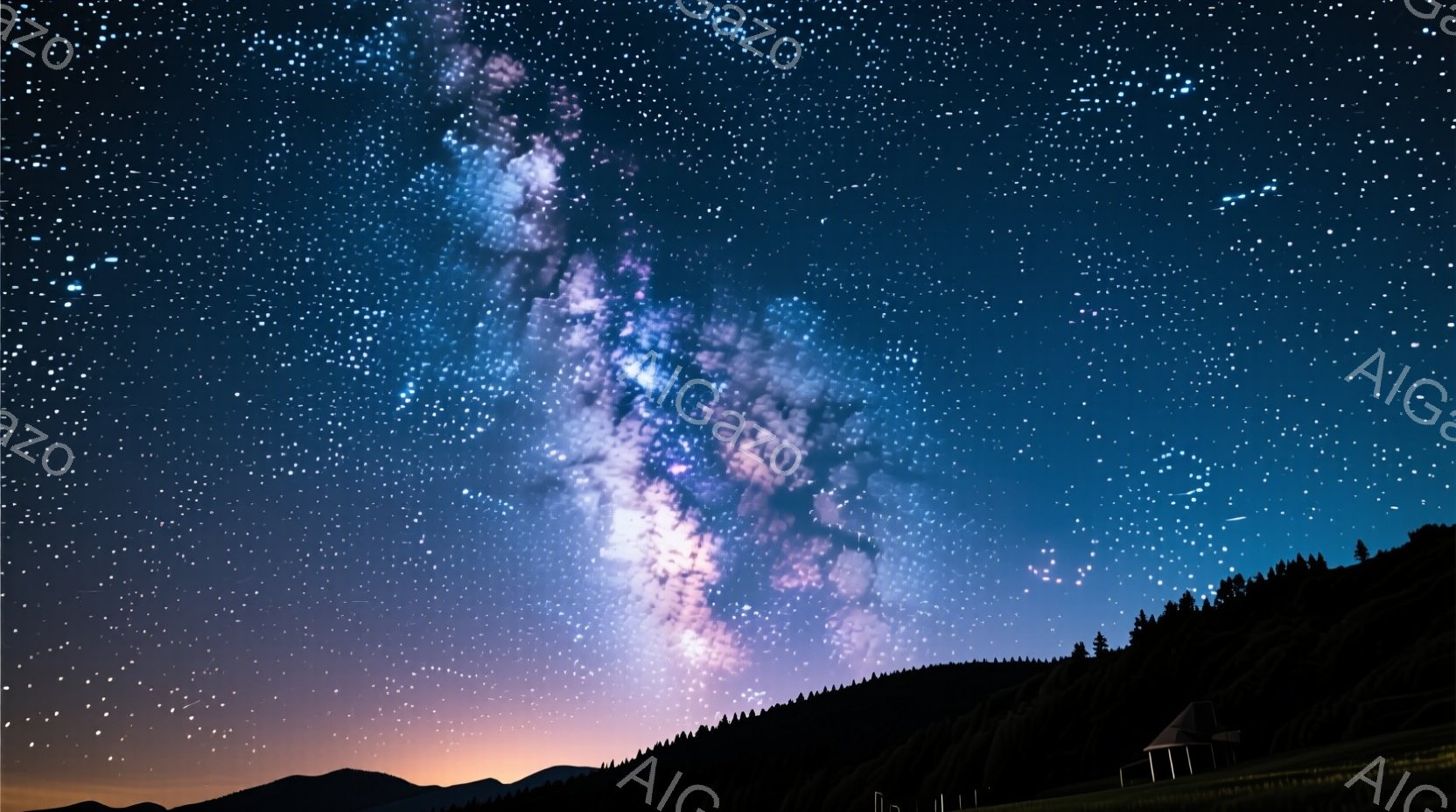 夜空は無数の星と天の川で満たされ、ピンクと紫色の美しいグラデーションが広がっています。地平線には暗いシルエットの丘と、小さな家屋が佇み、静寂と神秘的な雰囲気を醸し出しています。自然の壮大さと夜の静けさ - AI生成フリー素材