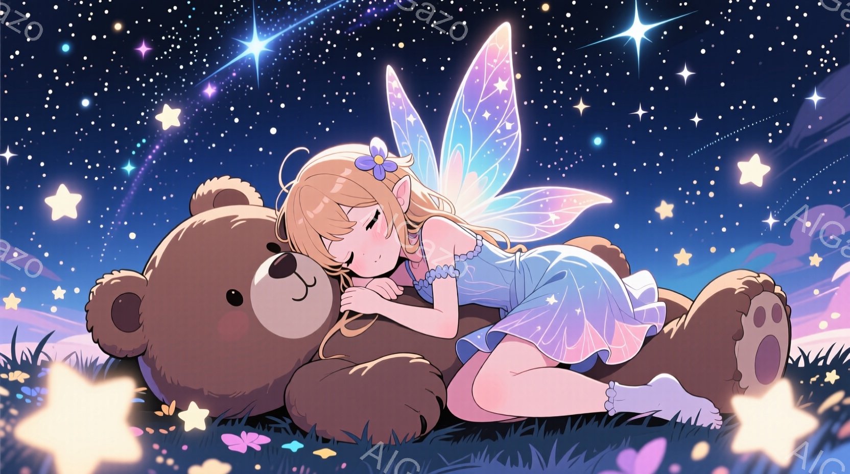 明るい茶色の髪に、ふわふわの羽根を持つ少女が、巨大なテディベアにもたれて眠っています。 少女は水色のワンピースを着ており、顔には穏やかな微笑みが浮かんでいます。 背景は夜空で、星や光が散りばめられ、幻 - AI生成フリー素材