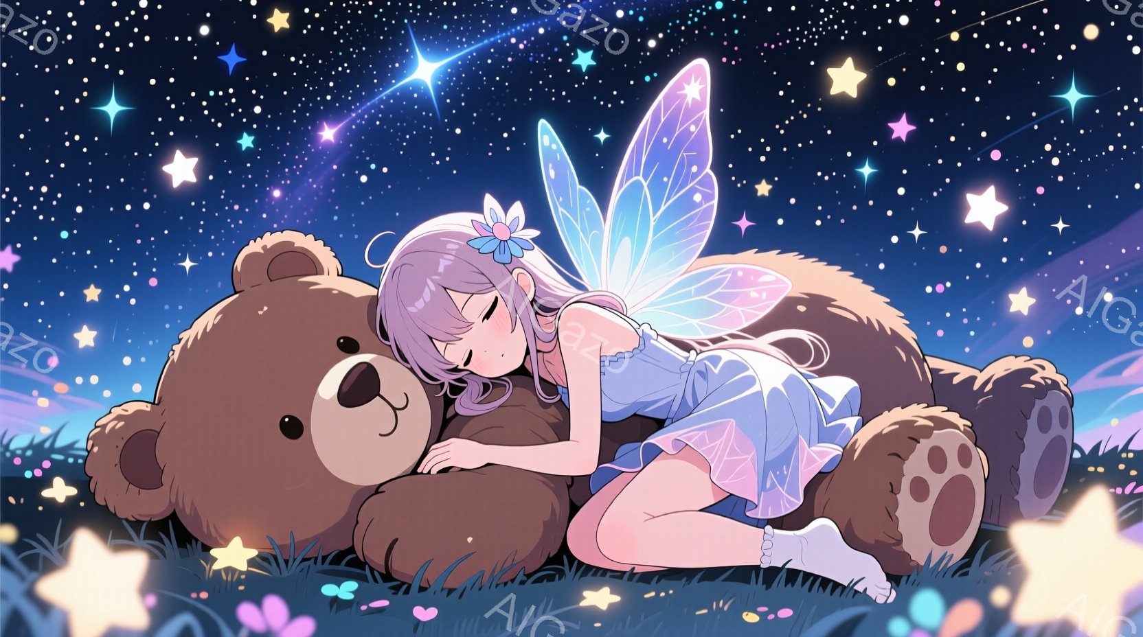 明るい紫色の髪を三つ編みにした少女が、大きな茶色のテディベアにもたれて眠っています。彼女は水色のワンピースと白い靴下を履き、背中には透明な羽が生えています。背景には星空が広がり、草むらには小さな花や光る星が散りばめられており、幻想的で優しい雰囲気を醸し出しています。