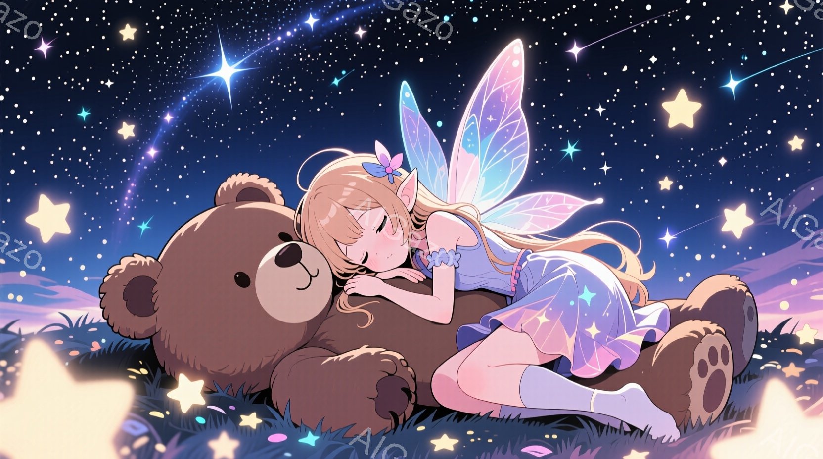 金髪の少女が大きなクマのぬいぐるみに寄り添って眠っています。彼女はパステルカラーのフリルが付いたドレスを着ており、背中には淡いピンクと紫のグラデーションの羽が生えています。背景は夜空で、たくさんの星と光が輝き、幻想的で穏やかな雰囲気を醸し出しています。