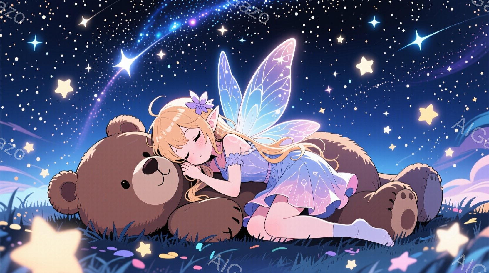 金髪の少女が、茶色の大きなクマのぬいぐるみと寄り添って草の上に横たわっています。彼女は薄い水色のドレスに、小さな羽と紫色の花飾りをつけており、目を閉じて穏やかな表情を浮かべています。背景には星空が広がり、草の間には光る花々が咲き乱れており、幻想的で安らぎのある雰囲気を醸し出しています。