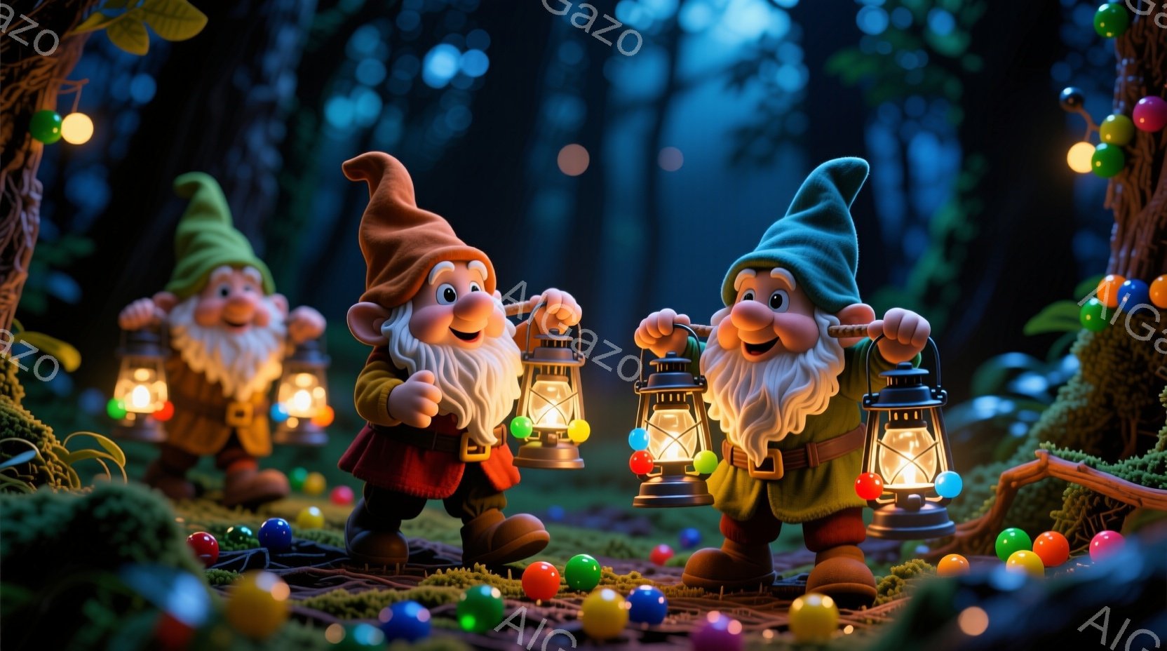 小柄な庭の妖精たちが、それぞれ黄色い灯りを放つランタンを持って立っている。彼らは赤い帽子と、白い長くカールしたひげを持ち、楽しそうな表情を浮かべている。背景には苔むした地面と木々が広がり、色とりどりの - AI生成フリー素材