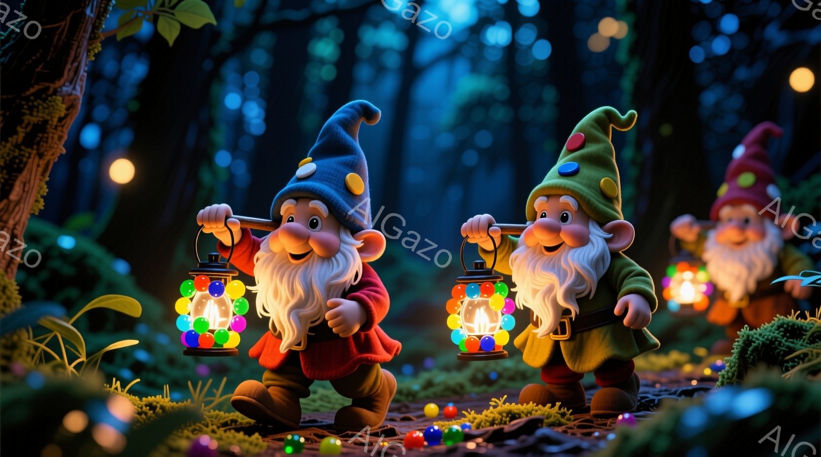 ファンタジースタイルで描かれたもので、森の中で三人の小さな妖精が集まっています。彼らはマッチを手に持っており、それぞれの顔に幸せな笑顔が浮かんでいます。背景は深い森で、薄明け時の空気と星の散らばる光が - AI生成フリー素材