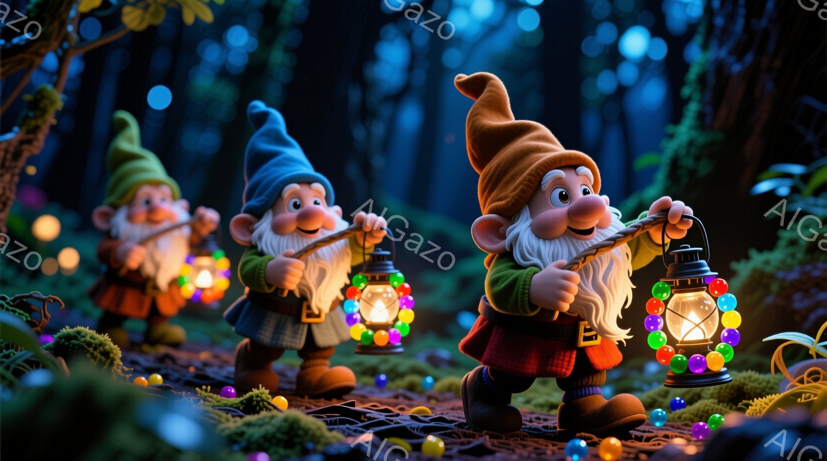 夜の森の中で、赤い帽子と緑の服を着た小人が、色とりどりの電球が連なったランタンを持って歩いている。彼らは笑顔で、少し上目遣いで、楽しそうに森の中を照らしているようだ。背景には緑豊かな植物が生い茂り、ぼんやりとした光が幻想的な雰囲気を醸し出している。