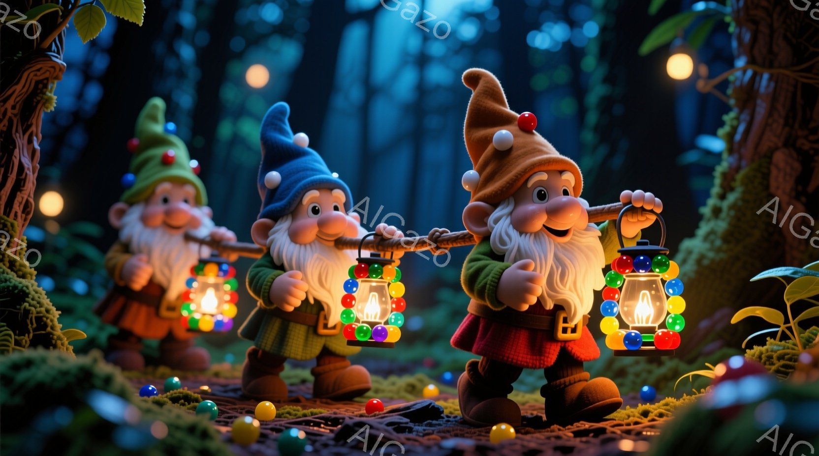 緑色の服を着た2人の小人が描かれています。彼らは赤い帽子を被り、長い白いひげを生やしており、それぞれカラフルな電球で飾られた提灯を手に持っています。背景は苔むした木々やカラフルな球体で覆われた森で、神秘的で幻想的な雰囲気を醸し出しています。