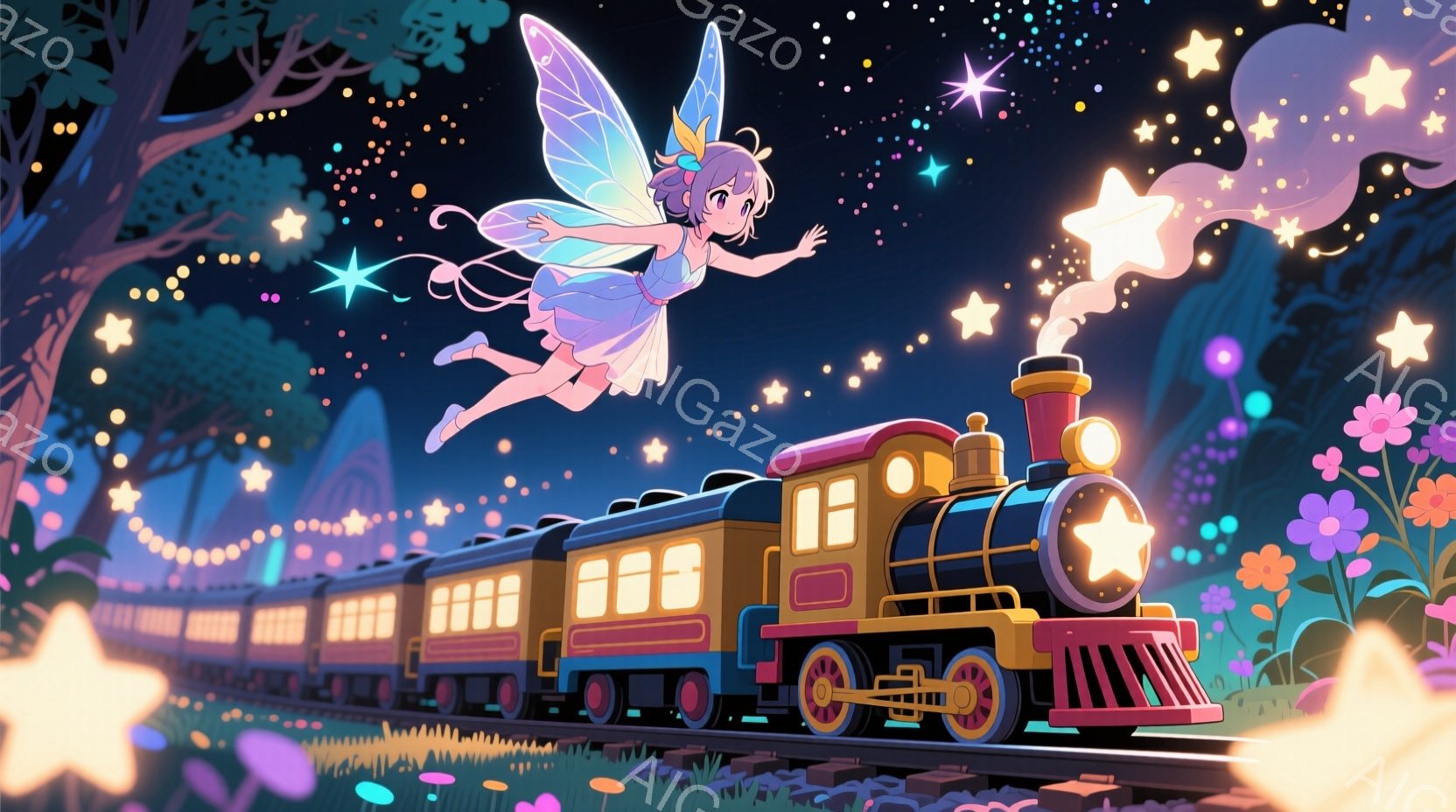 鮮やかな夜空を背景に、レトロな蒸気機関車が線路を走っている。羽とアンテナを持つ少女は、ピンク色のドレスを着て、楽しそうに空を飛んでおり、笑顔が印象的だ。背景には、カラフルな花々やキノコ、遠くに見える建物のシルエットがあり、幻想的な雰囲気を醸し出している。