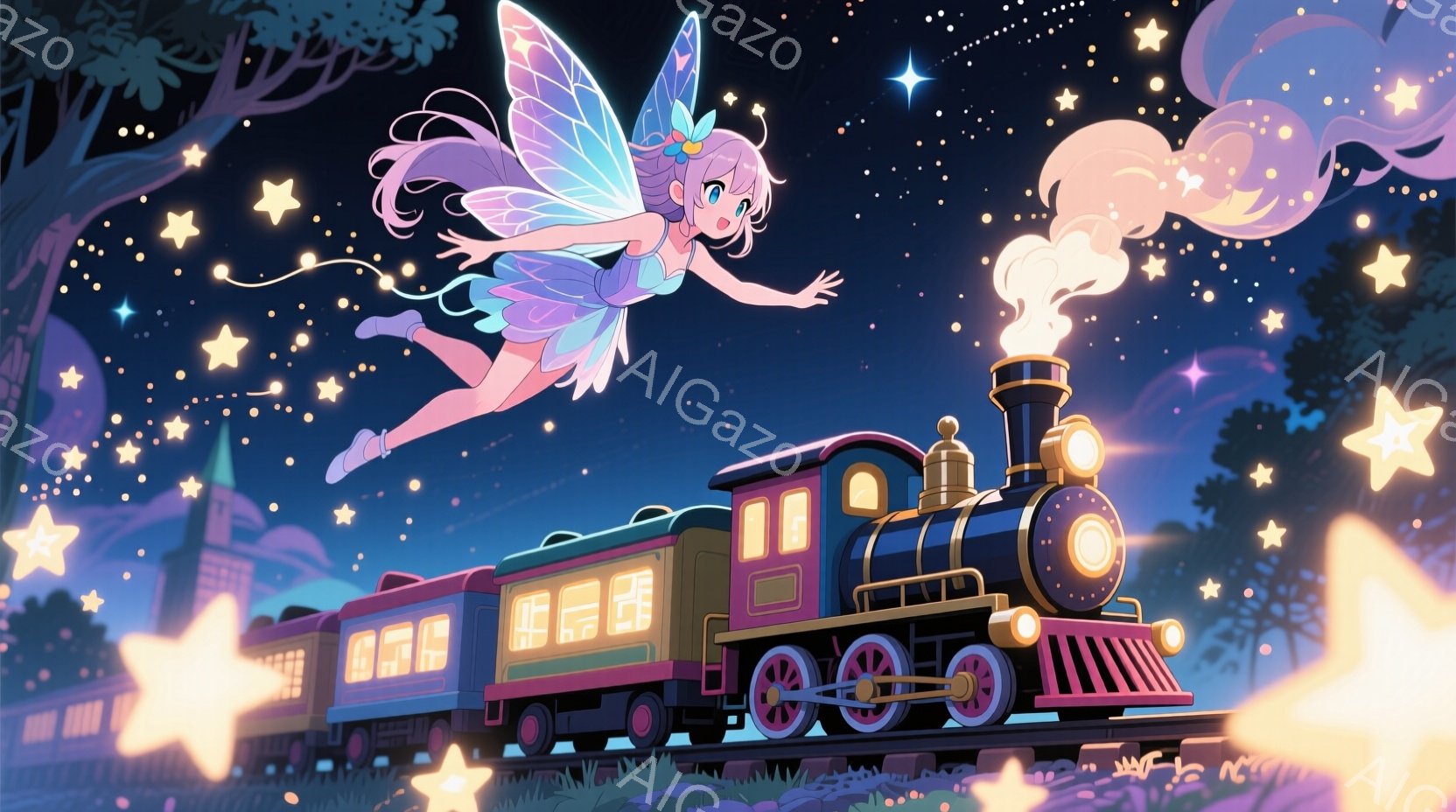 夜空を背景に、ピンク色の髪に大きな羽を持つ少女が空を飛んでいる。彼女はピンクと白のドレスを着ており、満面の笑みを浮かべている。背景には、蒸気機関車が走り、遠くには建物のシルエットが見え、夜空には無数の星が輝いている様子が描かれている。