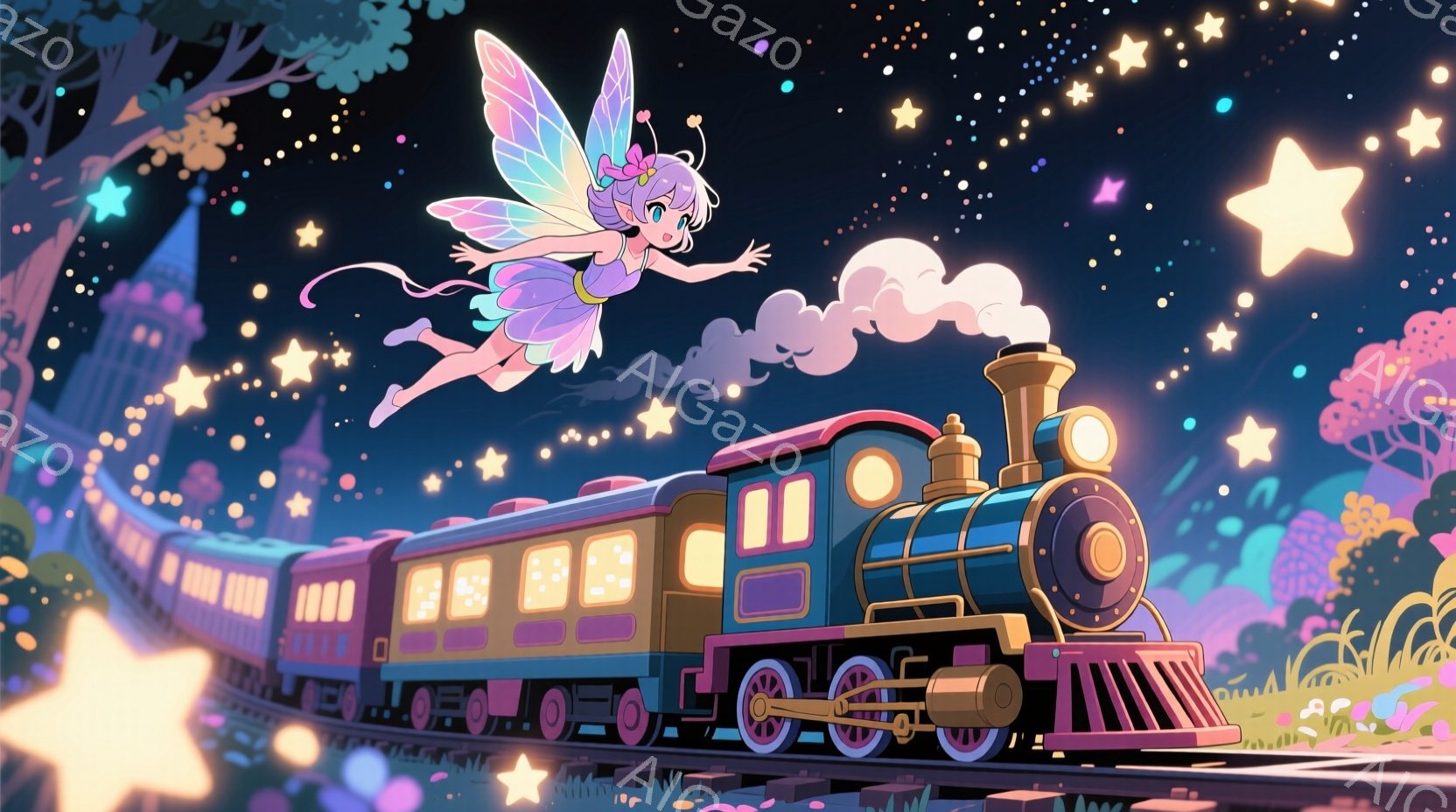 夜空を背景に、紫色の列車が星屑の中を走っている。羽のある少女が列車の上を飛び、ピンク色の髪と、大きな瞳で微笑んでいる。背景には、ファンタジー風の建物や植物が描かれ、全体的に夢幻的で可愛らしい雰囲気であ - AI生成フリー素材