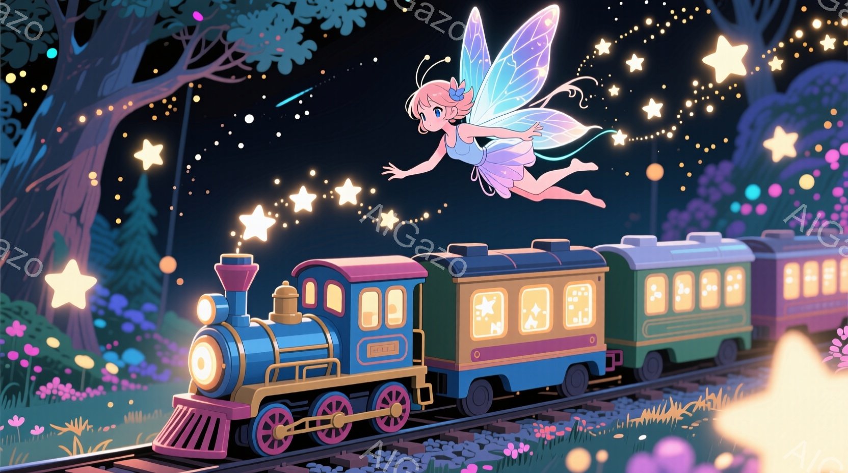 夜の森を舞台に、青い蒸気機関車が線路を走っている。フェアリーはピンクのドレスと緑色の髪で、星空の下で羽ばたき、喜びと好奇心に満ちた表情を見せている。背景には、星が散りばめられた夜空と、鮮やかな花々が咲き乱れる森が広がり、夢幻的な雰囲気を醸し出している。