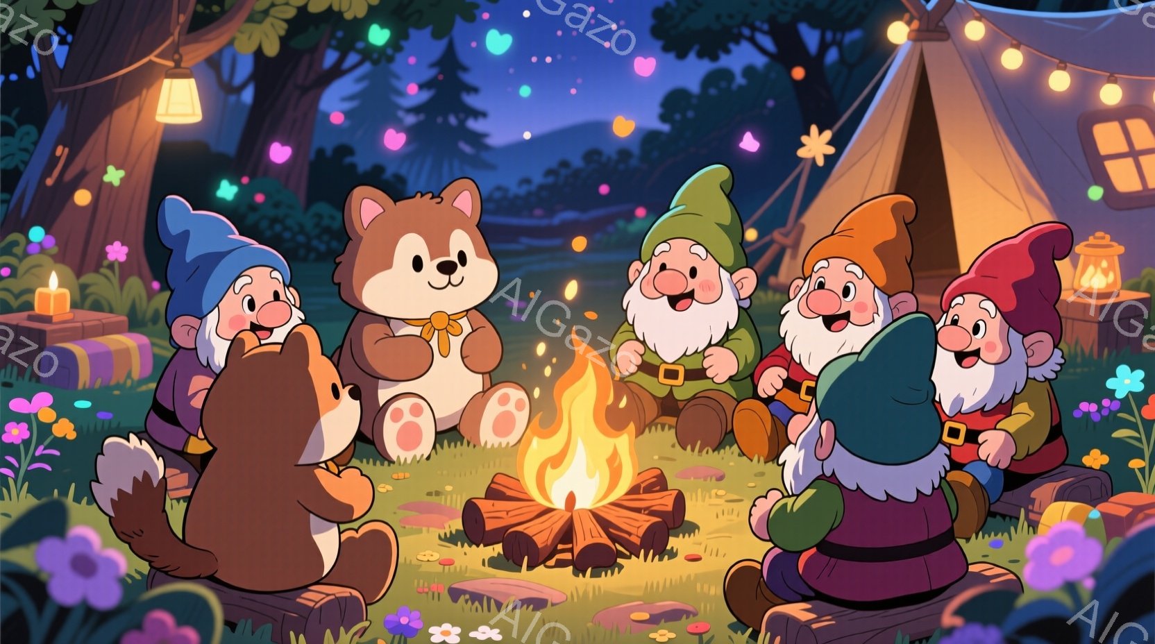 小さな焚き火を囲んで、帽子をかぶった小人たちが笑顔で座っている。中央には、リボンを付けたクマのぬいぐるみもおり、皆で温かい時間を過ごしているようだ。背景にはテント、草花、そして夜空に輝く星が描かれており、幻想的で心温まる雰囲気を醸し出している。