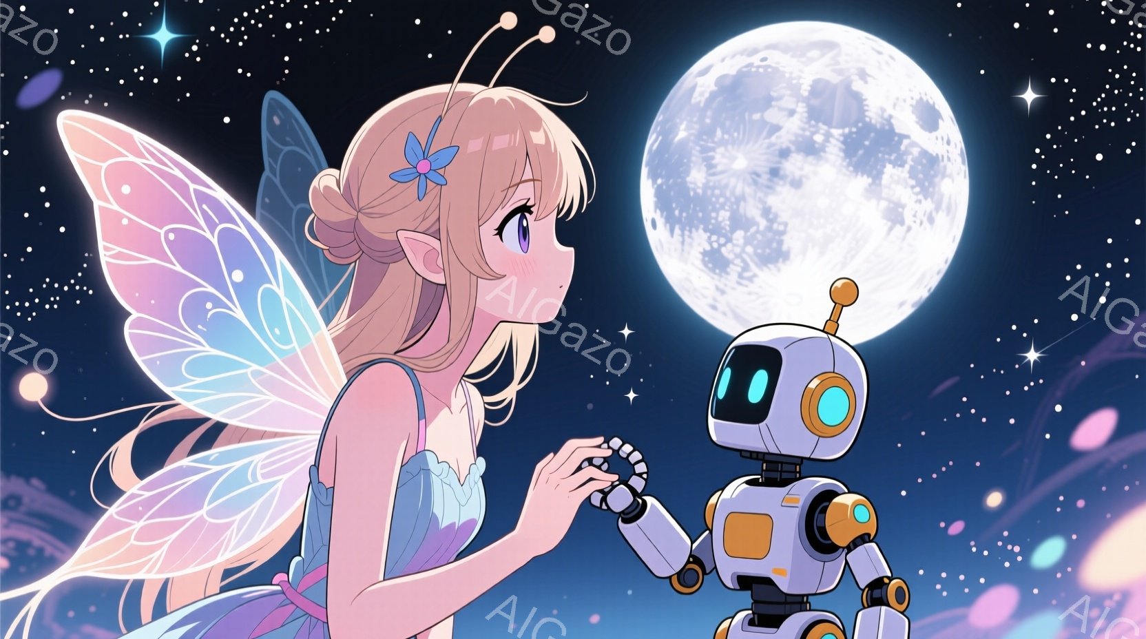 金髪の少女は、水色のドレスと半透明の蝶の羽をつけており、頭には小さな花飾りをつけている。彼女はロボットと手をつないでおり、優しい笑顔でロボットを見つめている。背景は夜空で、満月と星が輝き、幻想的な雰囲気を醸し出している。