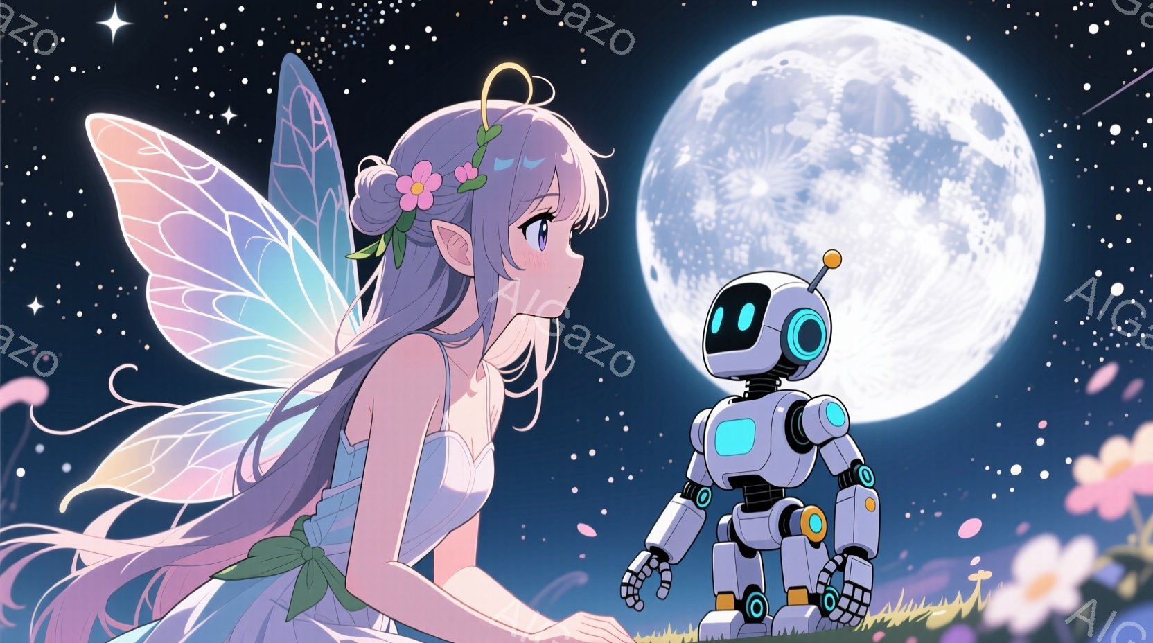 長い銀髪に花飾りをつけた妖精のような少女が、緑の草原に横たわっています。彼女は明るい表情で遠くを見つめており、透明感のある羽が広がっています。背景には満月が輝き、星が散りばめられた夜空と、ピンクの花々が幻想的な雰囲気を醸し出しています。