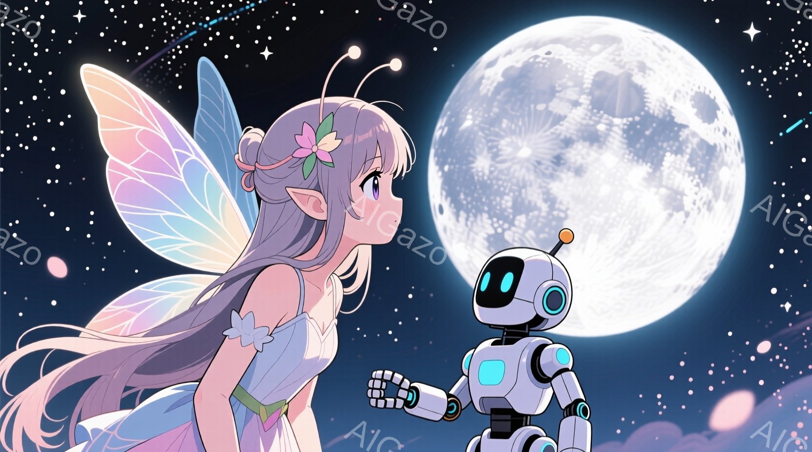 白い髪に花飾りをつけた少女は、薄いピンク色のドレスを着ており、大きな透明な羽を持っています。彼女はロボットと並んで立っており、夜空を見上げているようです。背景には巨大な満月が輝き、星空が広がり、夢幻的 - AI生成フリー素材