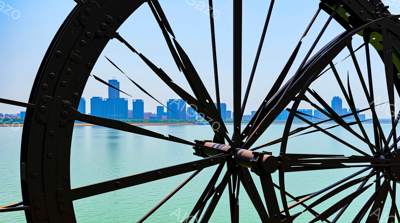 巨大な風車の一部がフレームの前面を占め、そのスポークが広がり、遠くの都市のスカイラインを捉えています。水面は穏やかで、青々とした都市の建物が反射し、晴れた空の下で穏やかな雰囲気を醸し出しています。風車の構造は暗い金属製で、水と都市の鮮やかな色彩と対照的です。