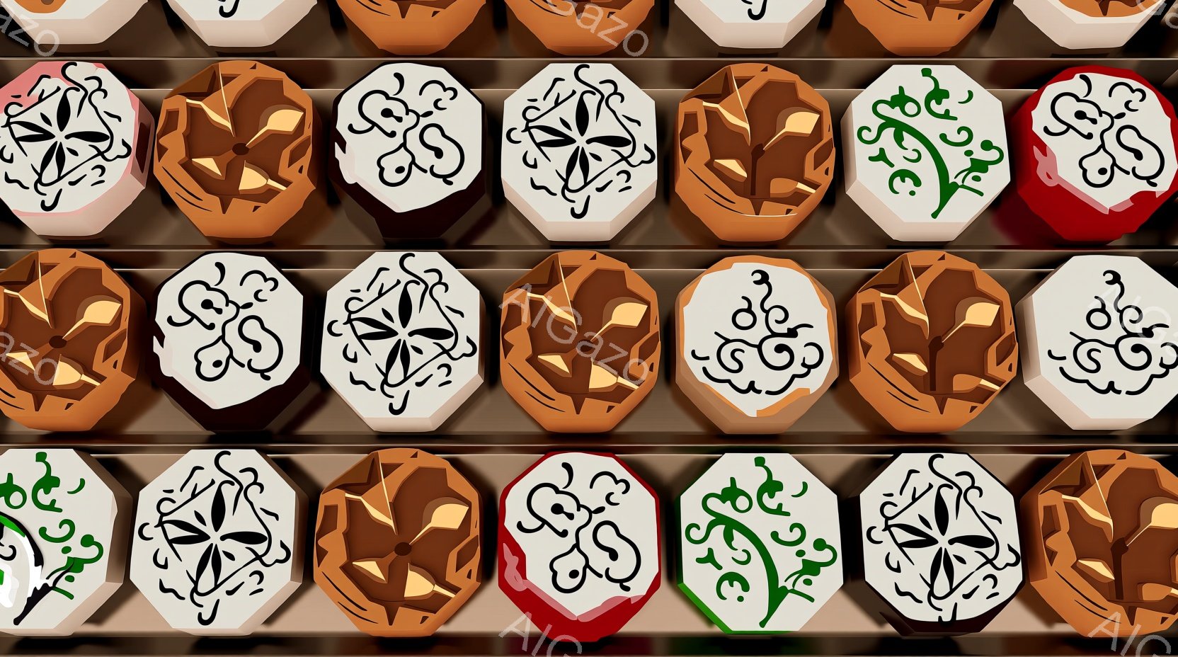 八角形のタイル状の装飾品が規則的に並べられた様子を捉えています。それぞれのタイルは、彫刻的な顔のモチーフと、アラベスク模様が描かれた装飾が施されており、土のような茶色の色合いと白を基調とした配色が特徴 - AI生成フリー素材