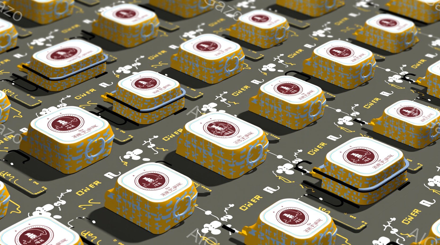 鮮やかな黄色の装飾が施された立方体のオブジェクトが多数、暗い背景に整然と並べられている様子を示している。各立方体には、「POWER」と読める文字と、小さな漫画風のキャラクターが描かれた円形のロゴが配置されている。立方体の整然とした配置と、鮮やかな色彩が、幾何学的でポップな雰囲気を生み出している。