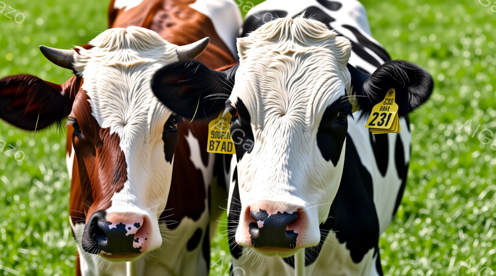 茶色と白のまだら模様の牛が二頭、緑豊かな草原の中で互いに寄り添って立っています。それぞれの牛は、耳に番号タグが付いており、穏やかで好奇心旺盛な表情で正面を見ています。背景は鮮やかな緑の草で覆われ、穏やかな晴天の日の牧歌的な雰囲気を醸し出しています。