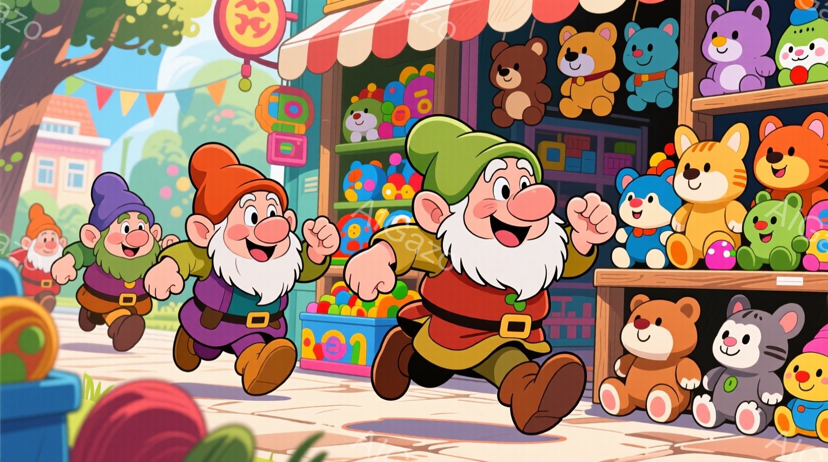カラフルな服を着た、ひげを生やした小人が複数描かれています。彼らは皆、おもちゃ屋の前を走り去るように描かれ、喜びと興奮に満ちた表情をしています。背景には、色とりどりのぬいぐるみでいっぱいの店と、明るい日差しが降り注ぐ街並みが描かれ、お祭り騒ぎのような楽しげな雰囲気を醸し出しています。